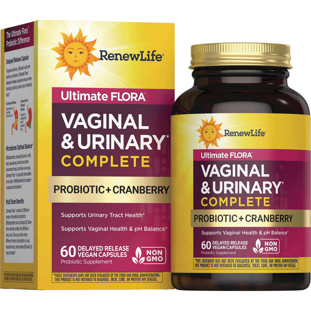 RNL251 | RenewLife Ultimate FLORA Vaginal & Urinary Complete probiotic with cranberry bottle and box, 60 delayed-release vegan capsules - Thumbnail