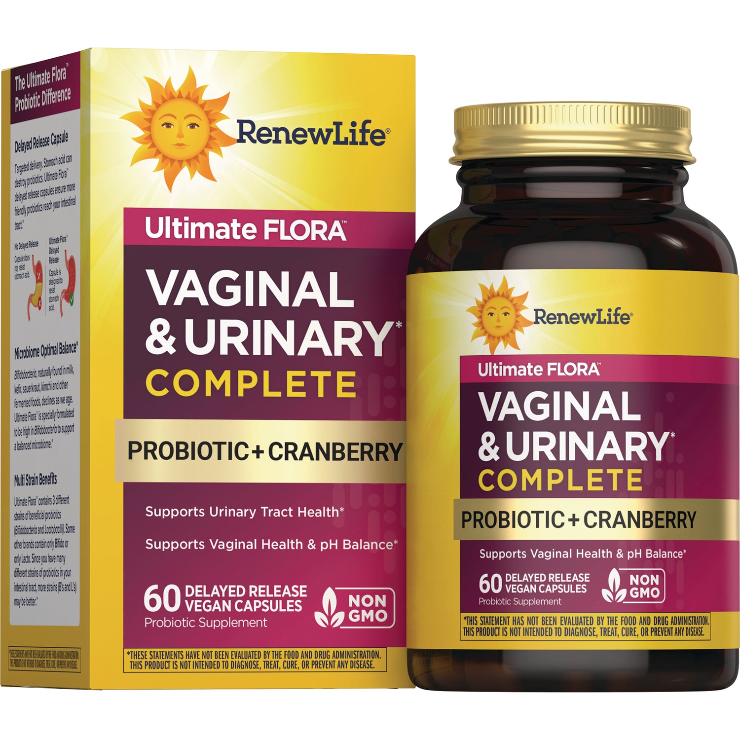 RNL251 | RenewLife Ultimate FLORA Vaginal & Urinary Complete probiotic with cranberry bottle and box, 60 delayed-release vegan capsules