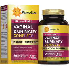 RNL251 | RenewLife Ultimate FLORA Vaginal & Urinary Complete probiotic with cranberry bottle and box, 60 delayed-release vegan capsules