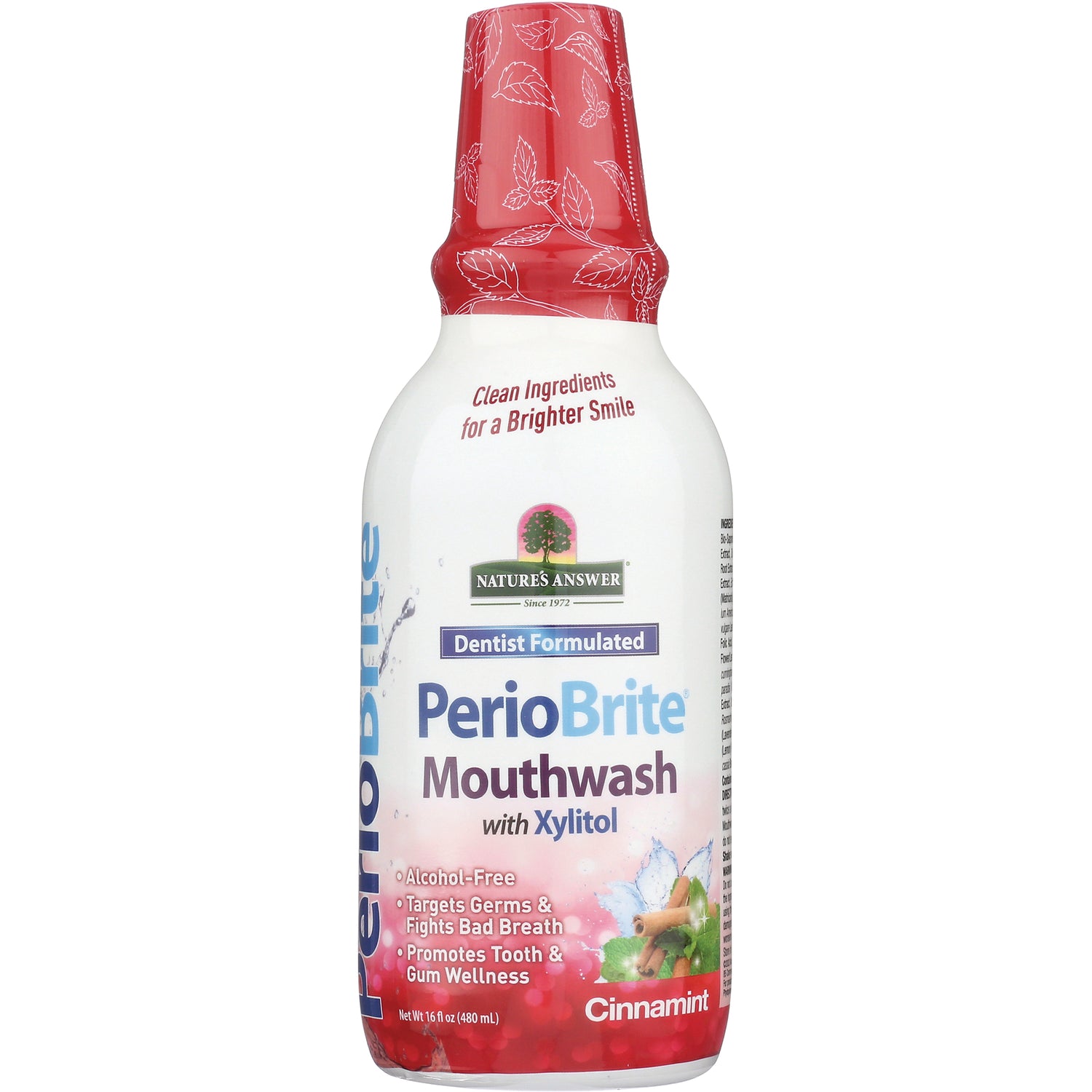 NAT175 | PerioBrite mouthwash with Xylitol, Cinnamint flavor in white bottle with red cap, Nature's Answer label