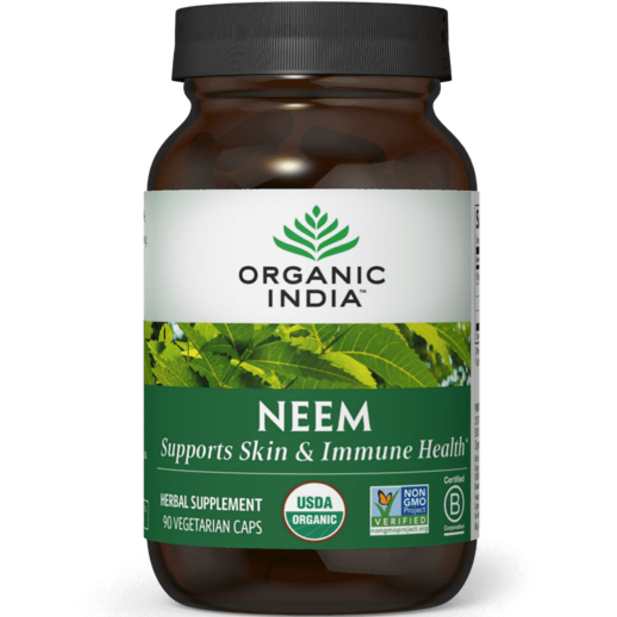 RGN037 | Organic India Neem herbal supplement bottle front label reading NEEM supports skin & immune health