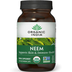 RGN037 | Organic India Neem herbal supplement bottle front label reading NEEM supports skin & immune health