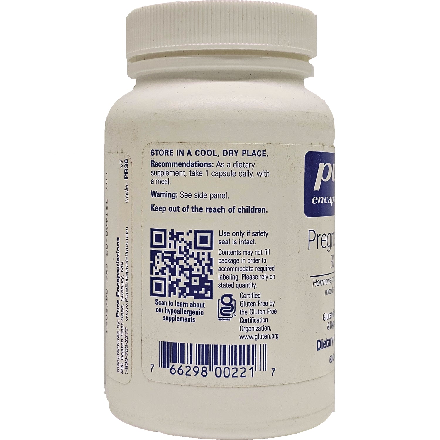 PRN041 | Back of white supplement bottle showing storage instructions, QR code, barcode, and gluten-free certification