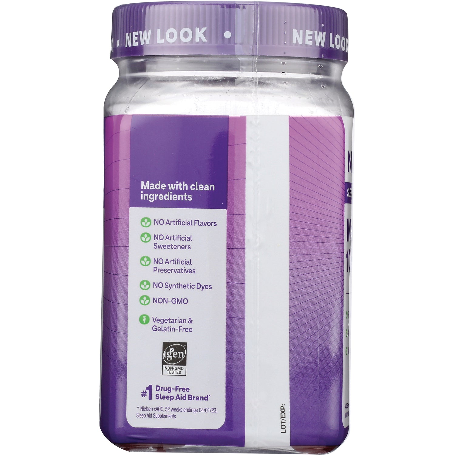 NA627 | Back label of purple supplement bottle reading Made with clean ingredients; no artificial flavors, sweeteners, preservatives; NON-GMO