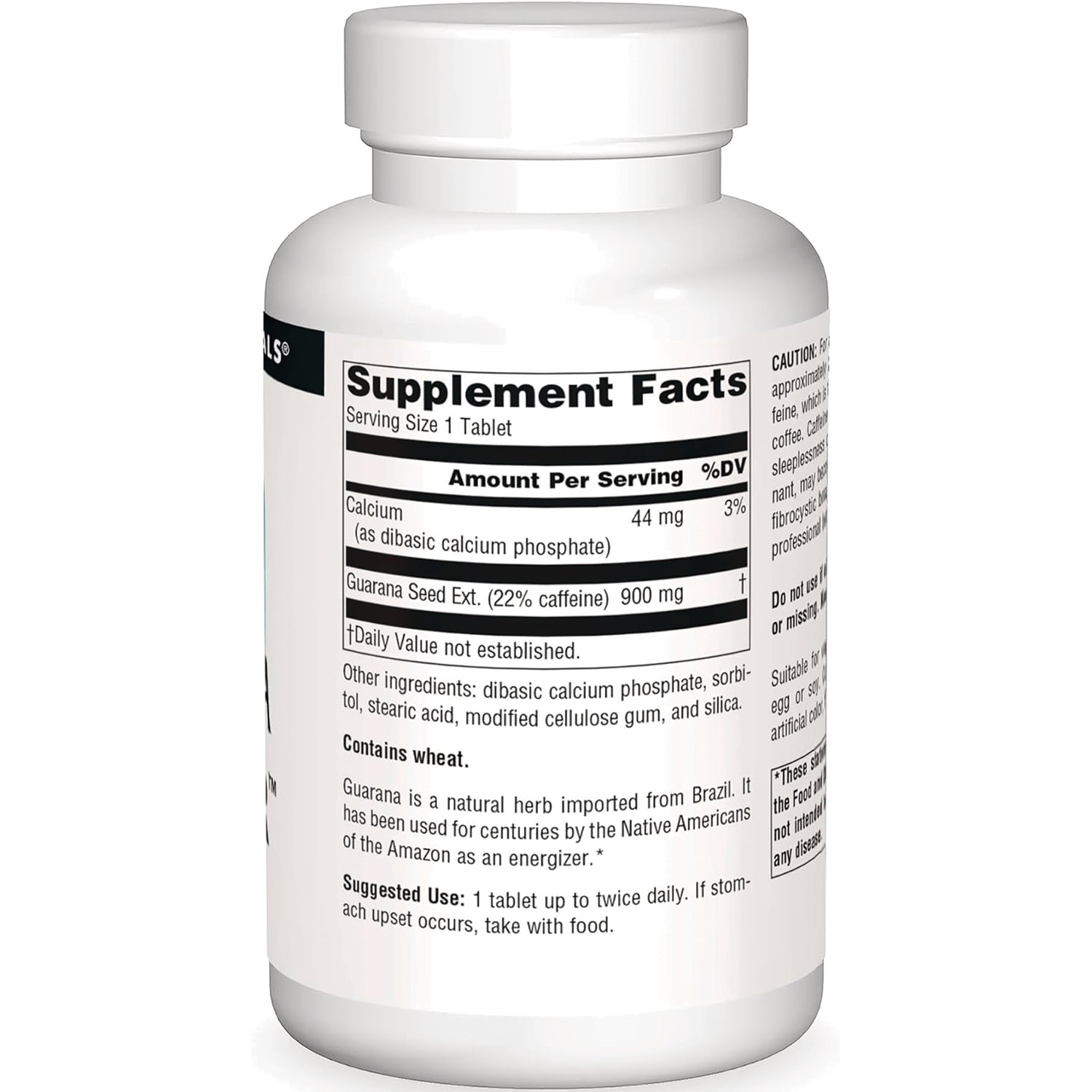 SN616 | Back label with Supplement Facts panel, serving size 1 tablet, guarana seed extract 900 mg