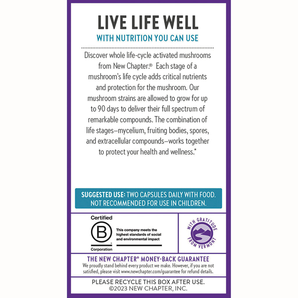 NWC267 | back panel of New Chapter supplement box with Live Life Well header, suggested use, certification logos and recycle note - Thumbnail