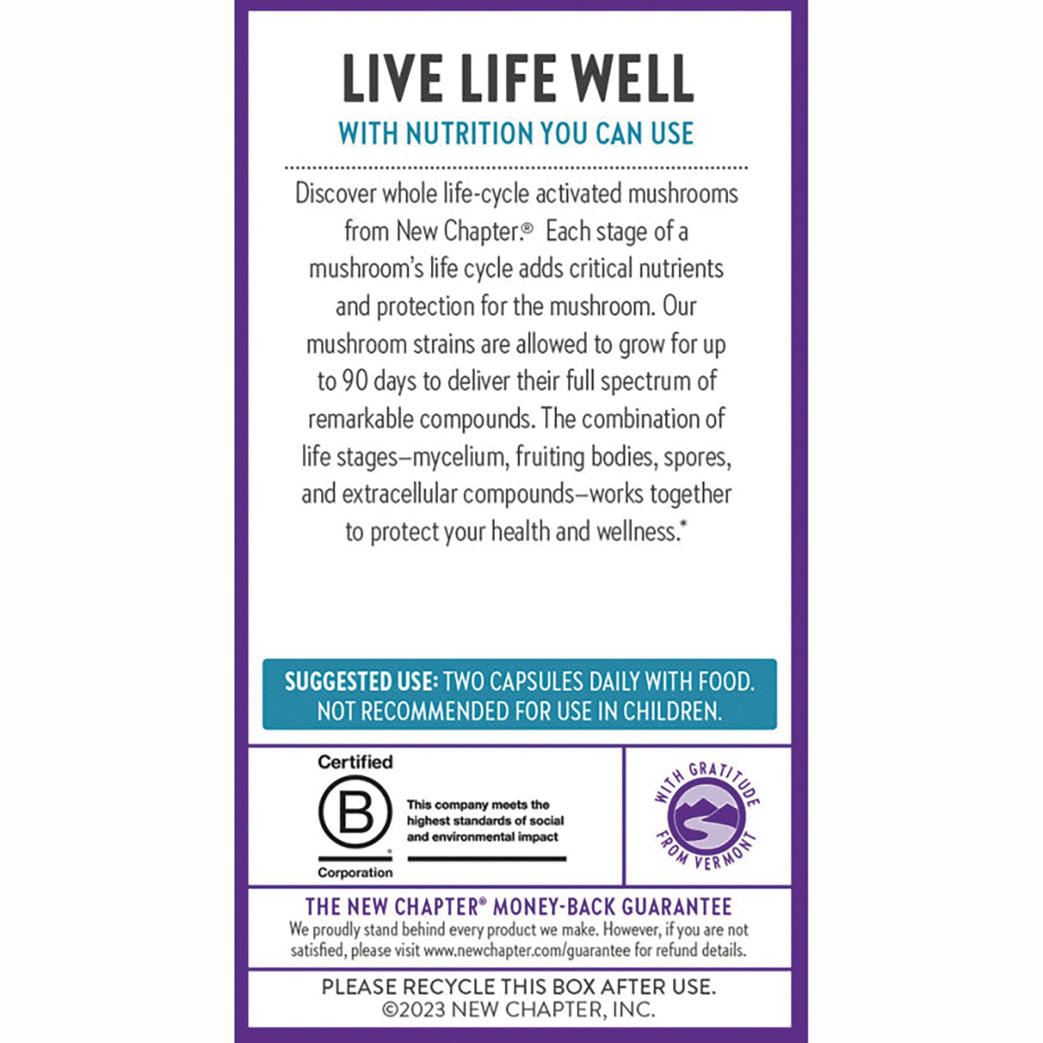 NWC267 | back panel of New Chapter supplement box with Live Life Well header, suggested use, certification logos and recycle note