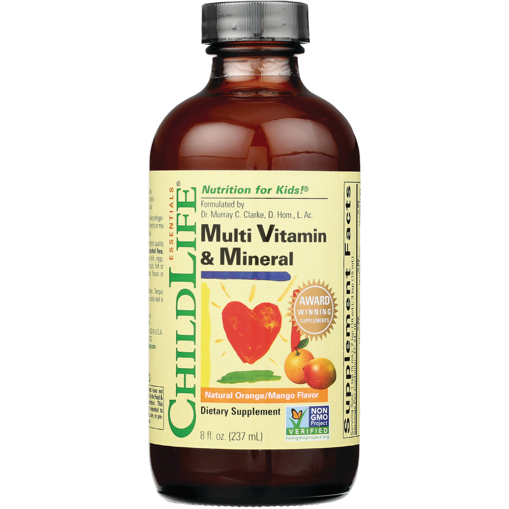 CHL002 | Brown glass bottle showing ChildLife Essentials Multi Vitamin & Mineral front label, Natural Orange/Mango flavor - Thumbnail
