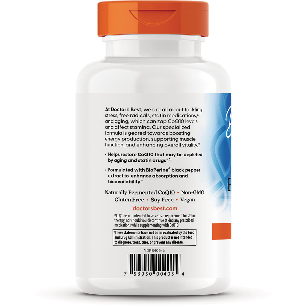 DB240 | back label of white supplement bottle with orange cap showing product claims Naturally Fermented CoQ10, gluten free, soy free, and barcode - Thumbnail