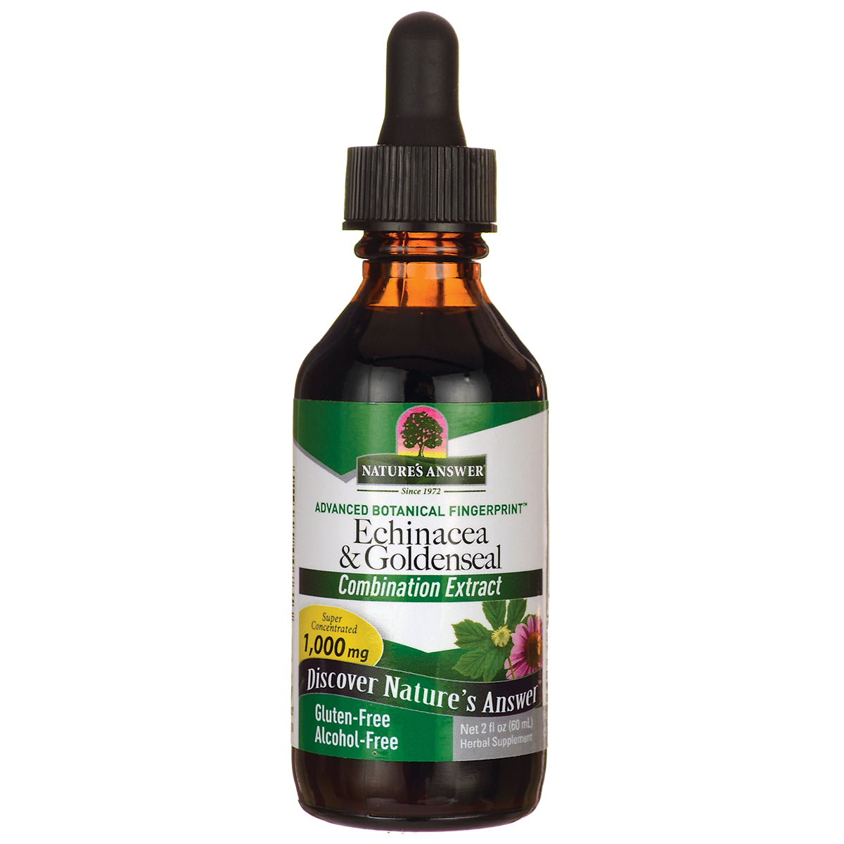 NAT027 | Amber dropper bottle labeled Nature's Answer Echinacea & Goldenseal Combination Extract, gluten-free alcohol-free