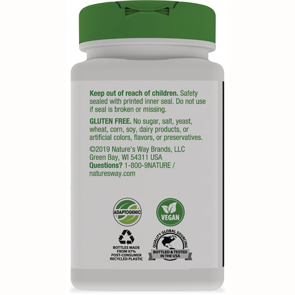 NW143 | Bottle back label with safety warning, GLUTEN FREE claim, adaptogenic, vegan, and recycling icons - Thumbnail