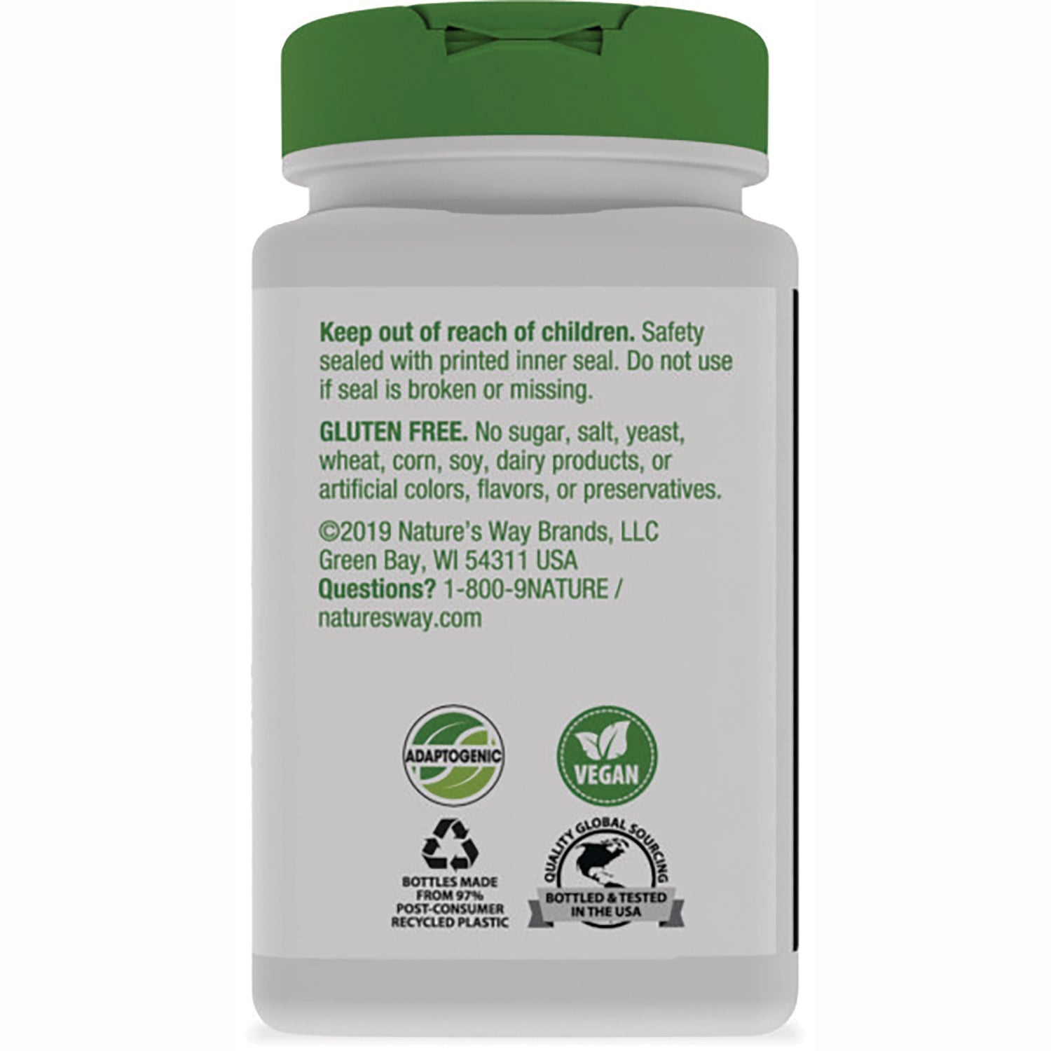 NW143 | Bottle back label with safety warning, GLUTEN FREE claim, adaptogenic, vegan, and recycling icons