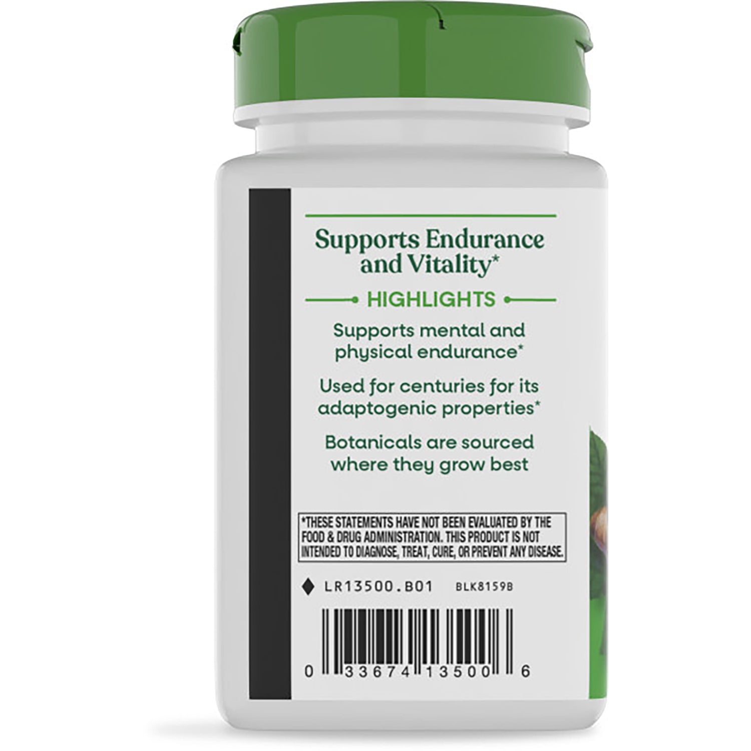 NW143 | Bottle back label with safety warning, GLUTEN FREE claim, adaptogenic, vegan, and recycling icons