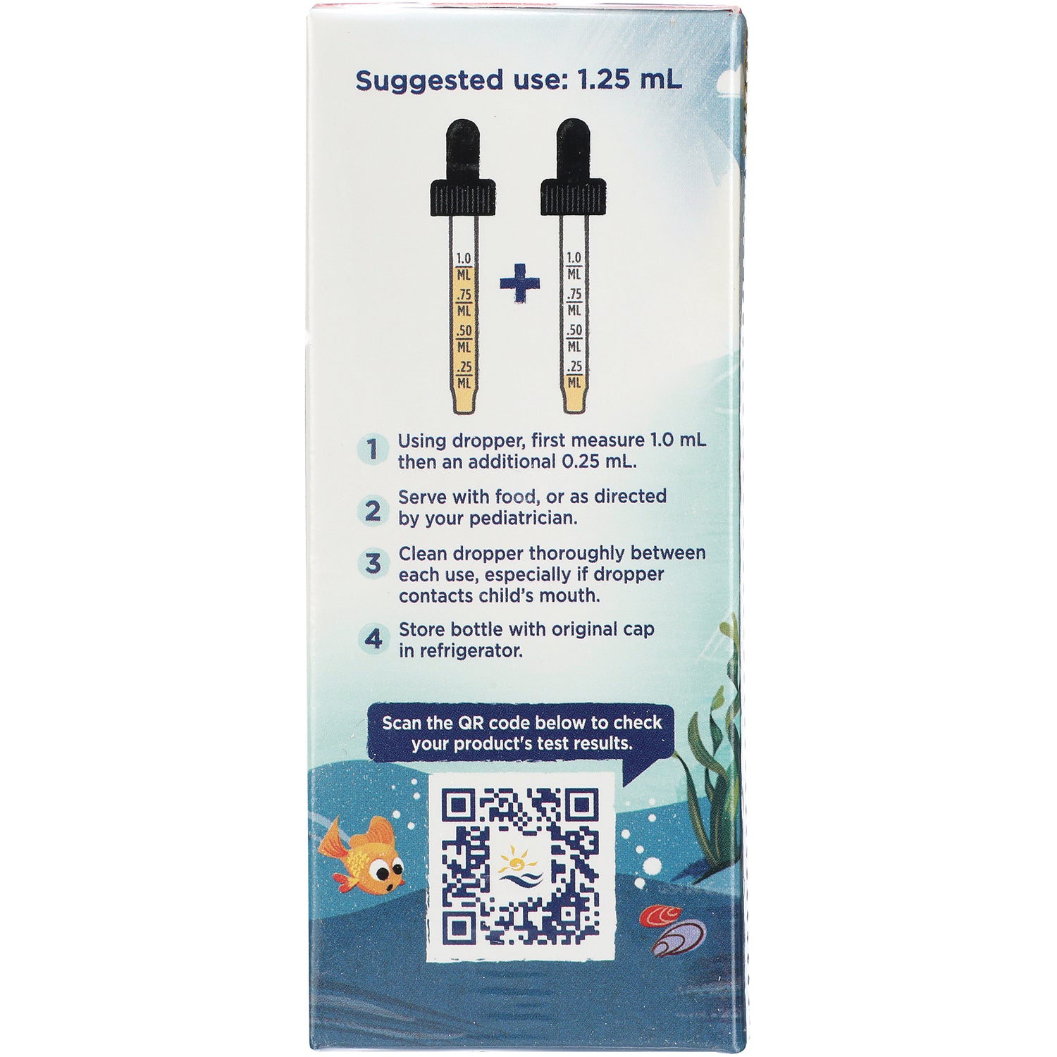 NRN101 | Product infographic showing dropper measurement steps, suggested use 1.25 mL, and a QR code