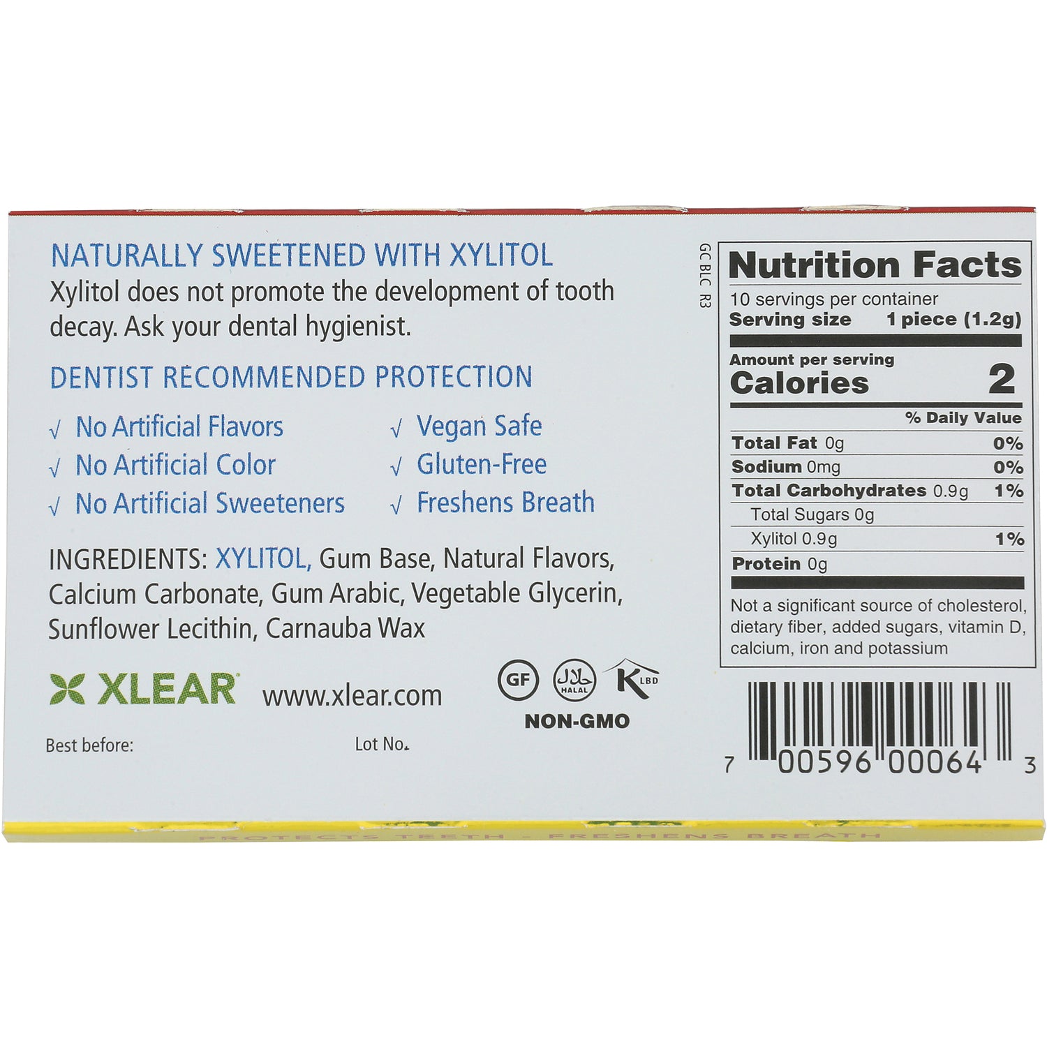 XL014 | Back of Xlear xylitol gum box with Nutrition Facts, ingredients, and claims: Vegan Safe, Gluten-Free, No Artificial Flavors