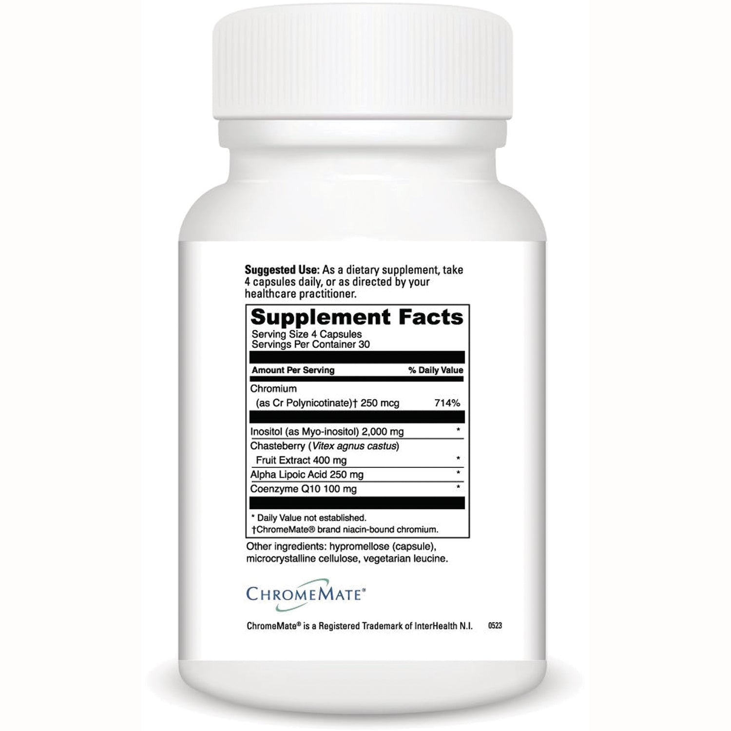 DVL166 | Back of white supplement bottle showing Supplement Facts panel and ingredient list