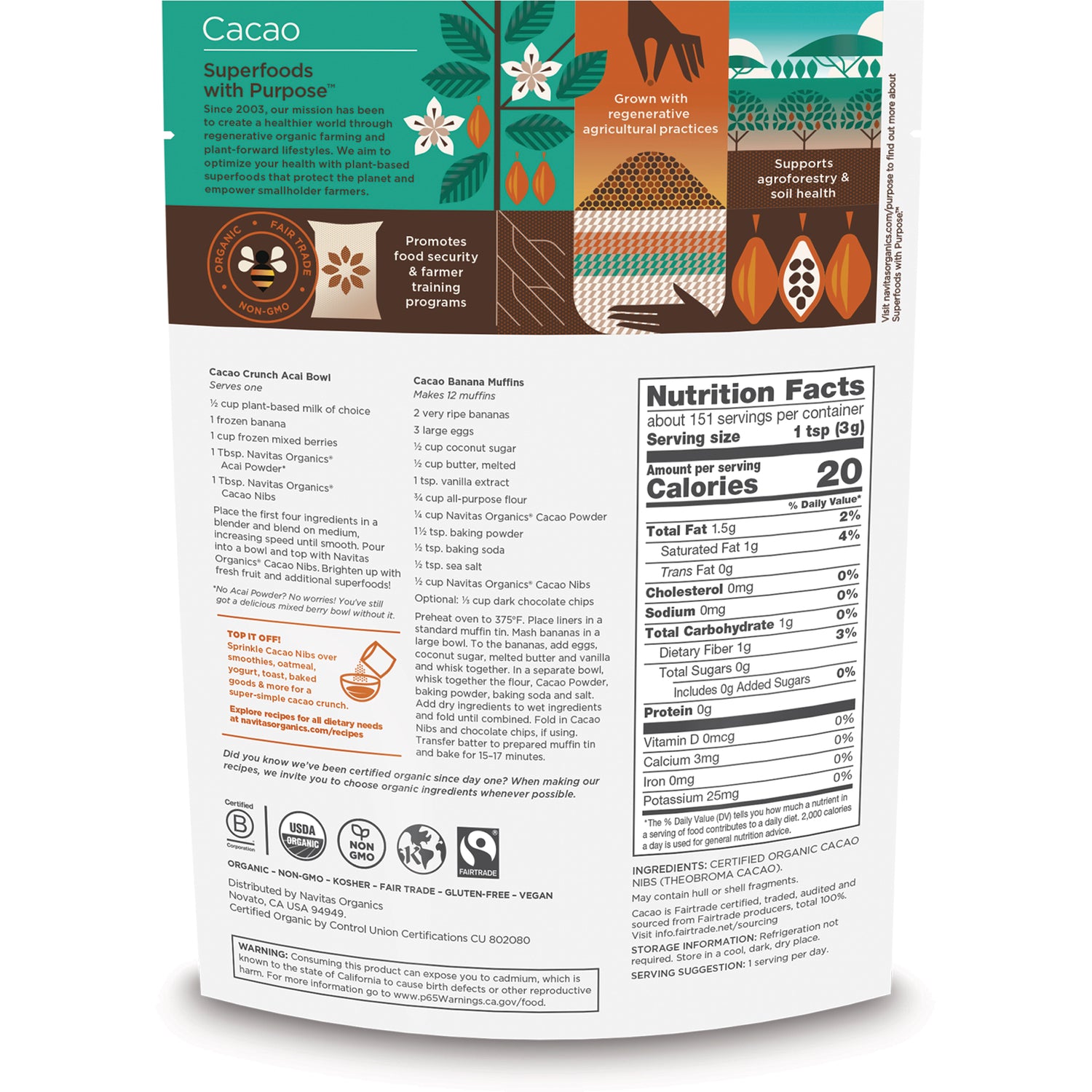 NAV004 | Back of cacao powder pouch showing nutrition facts panel, ingredients, recipes, and certification icons