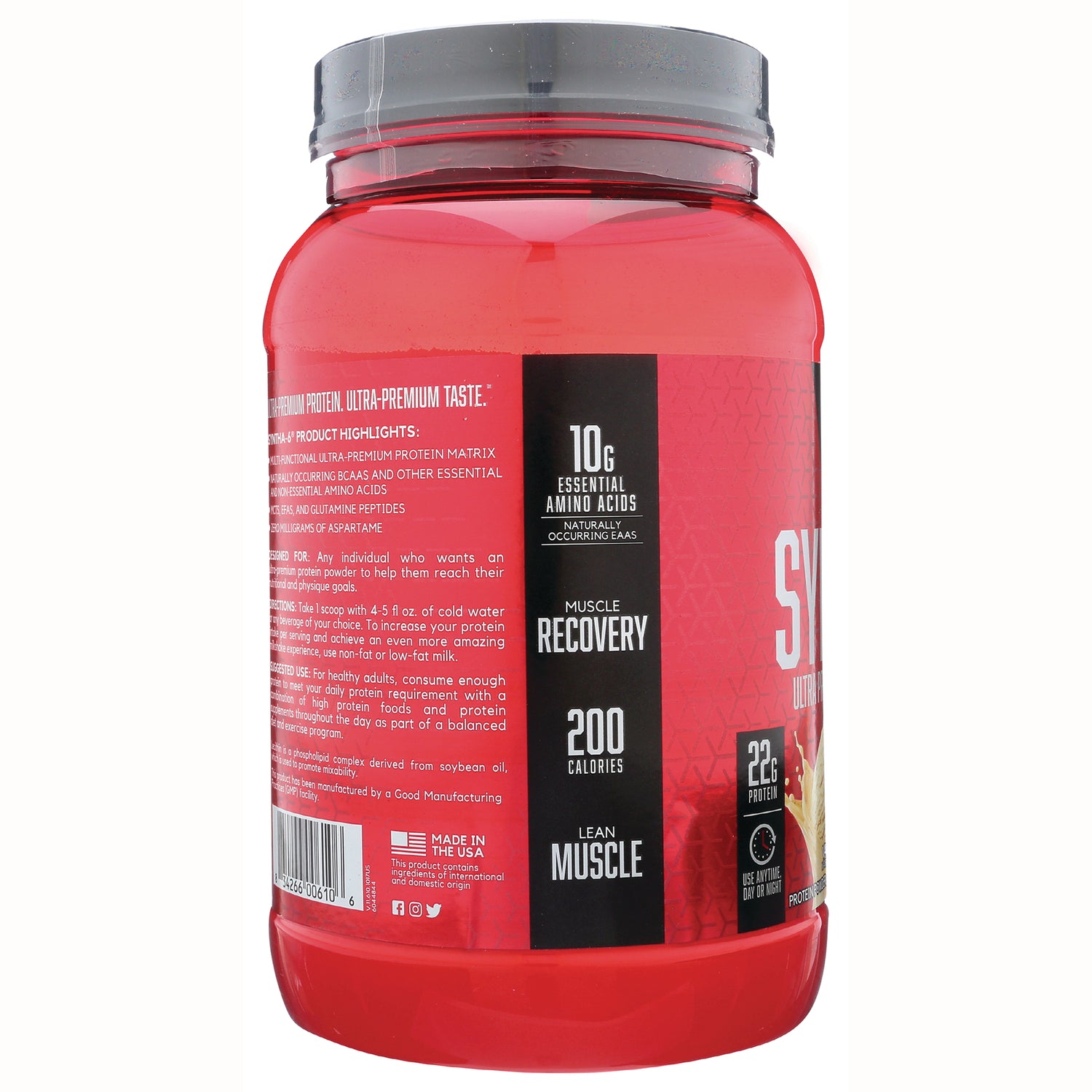 BSN008 | red protein powder container back label infographic showing 10g essential amino acids, muscle recovery, 200 calories
