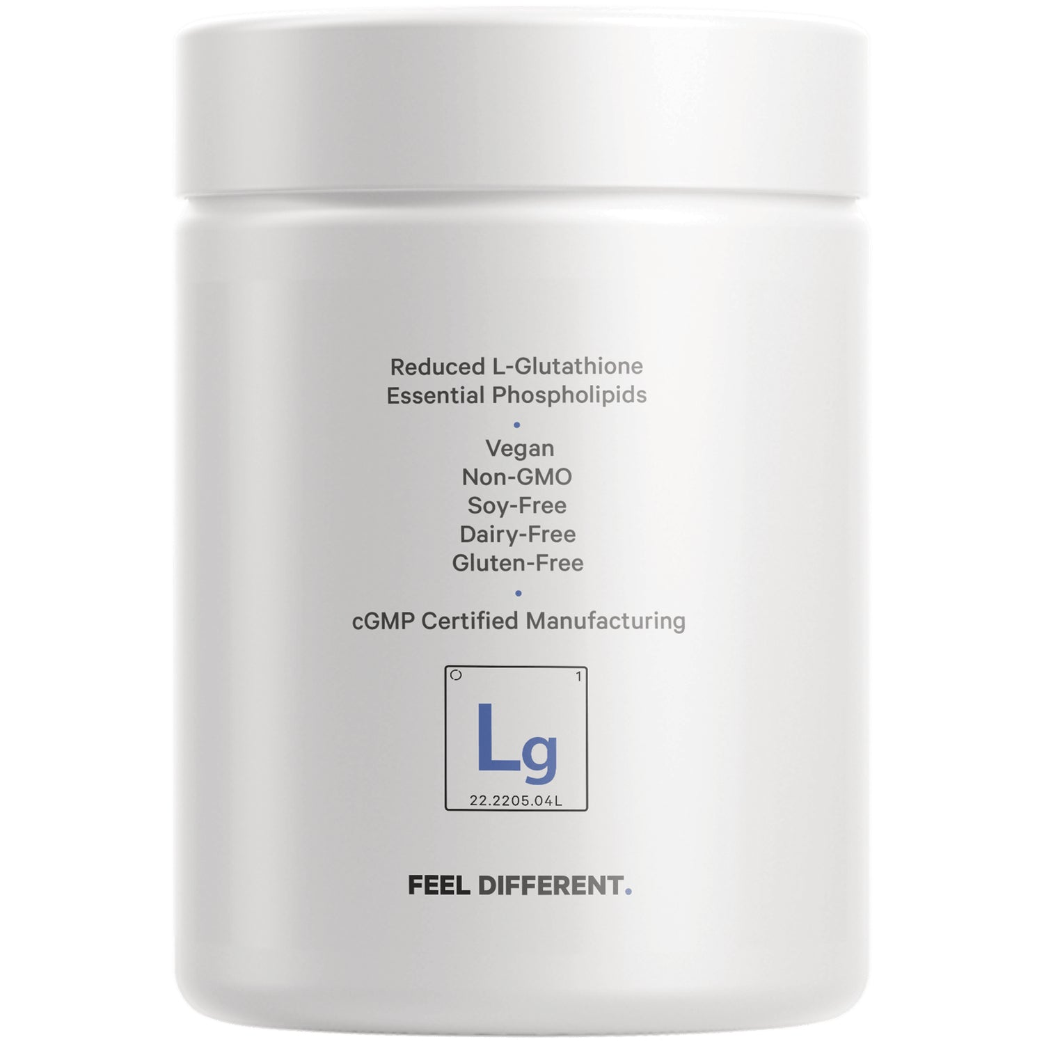 CDG047 | back of white supplement jar labeled Reduced L-Glutathione, Vegan, Non-GMO, Soy-Free, Dairy-Free, Gluten-Free
