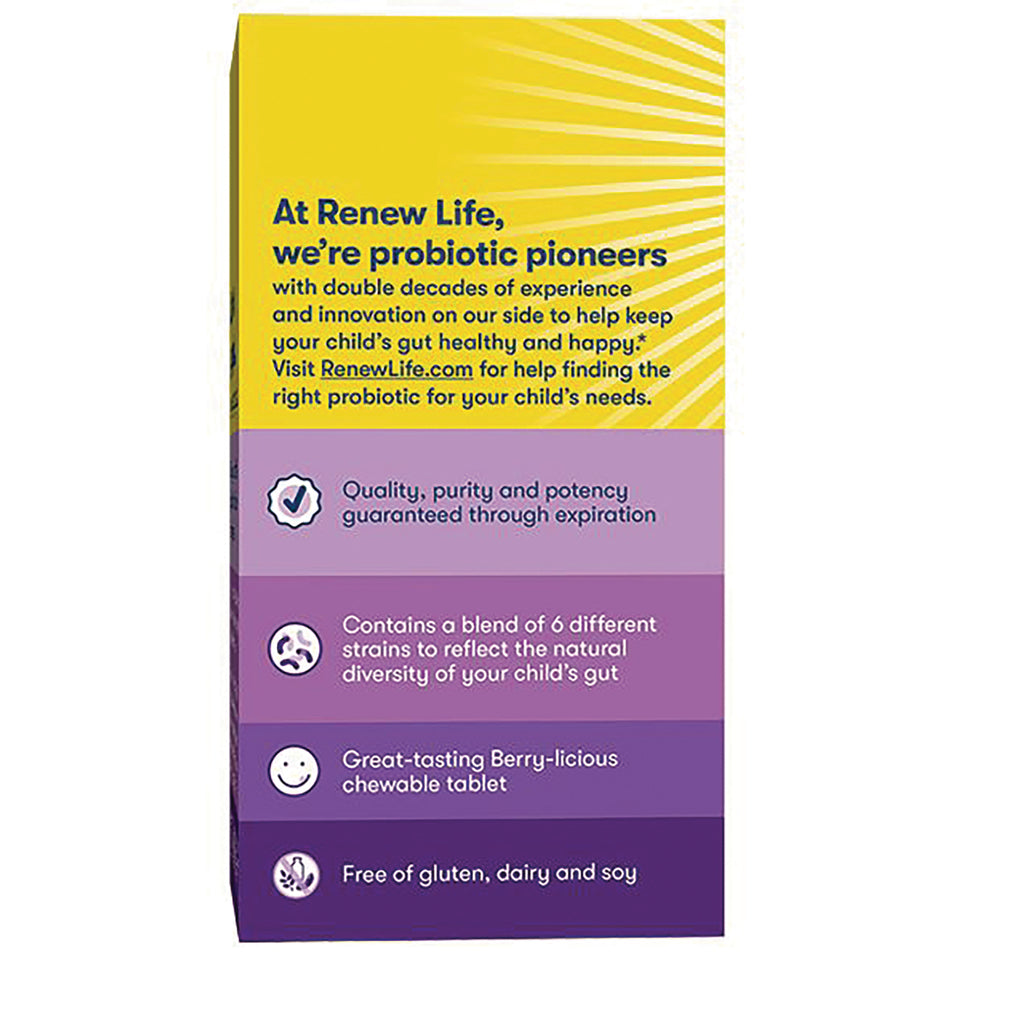 RNL205 | Renew Life product infographic listing potency guarantee, blend of 6 probiotic strains, berry chewable tablet, free of gluten dairy soy - Thumbnail