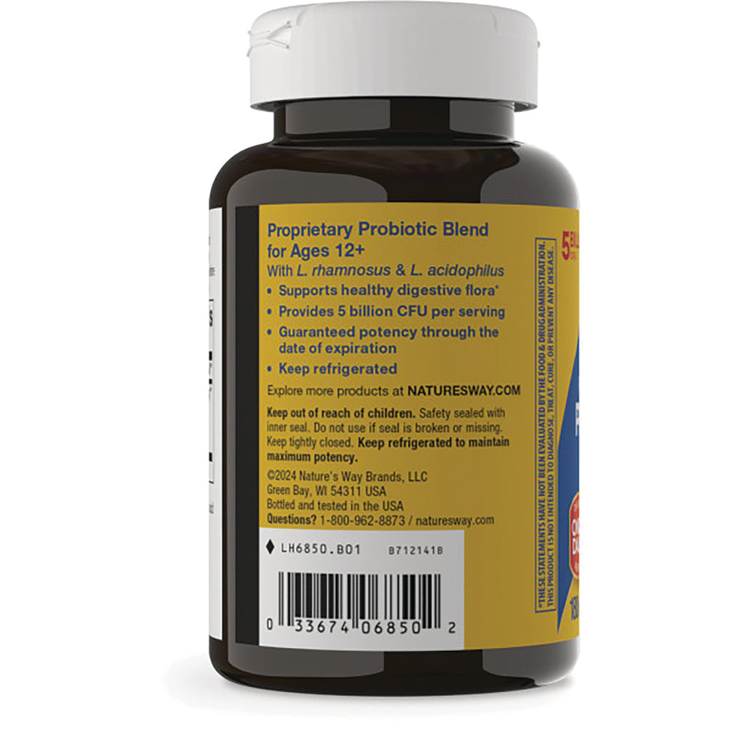 NW055 | back label of brown supplement bottle showing probiotic blend details, storage instructions and barcode - Thumbnail