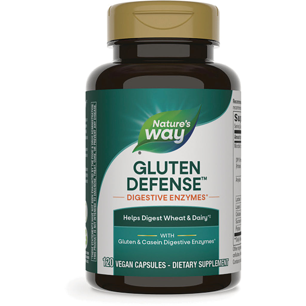 ET355 | Nature's Way Gluten Defense digestive enzymes bottle, front label reads Helps Digest Wheat & Dairy, 120 vegan capsules - Thumbnail