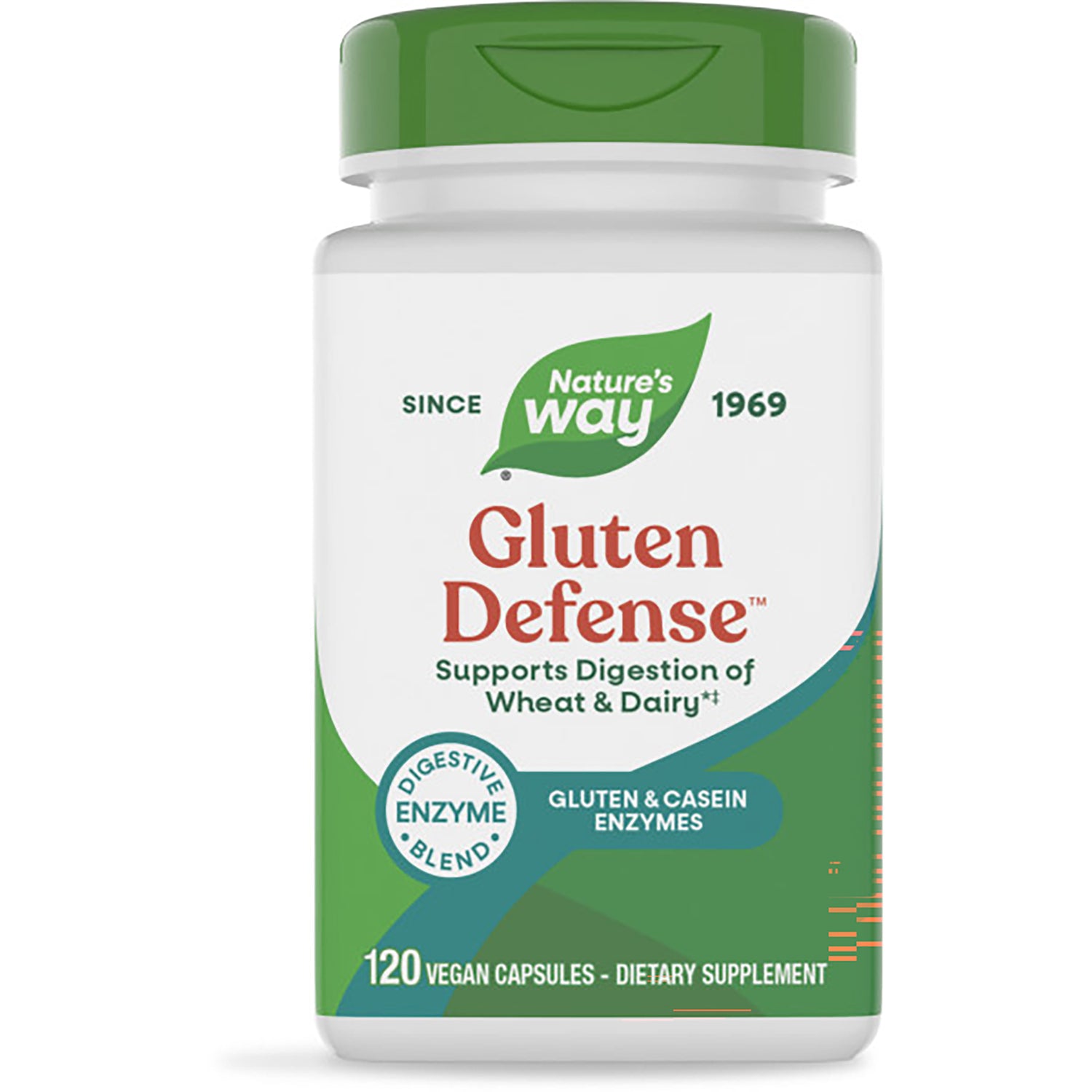 ET355 | Nature's Way Gluten Defense digestive enzymes bottle, front label reads Helps Digest Wheat & Dairy, 120 vegan capsules