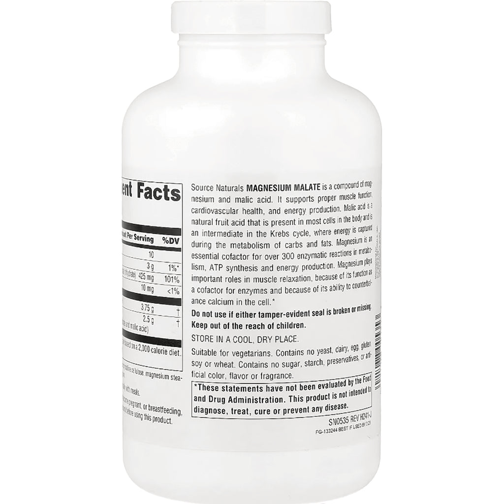 SN248 | Source Naturals Magnesium Malate supplement bottle back label with Supplement Facts and warnings - Thumbnail