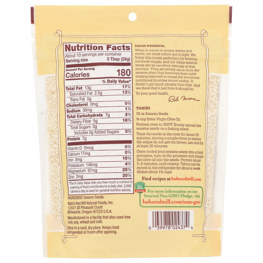 BOB263 | Nutrition Facts panel and tahini recipe on back of sesame seeds pouch - Thumbnail