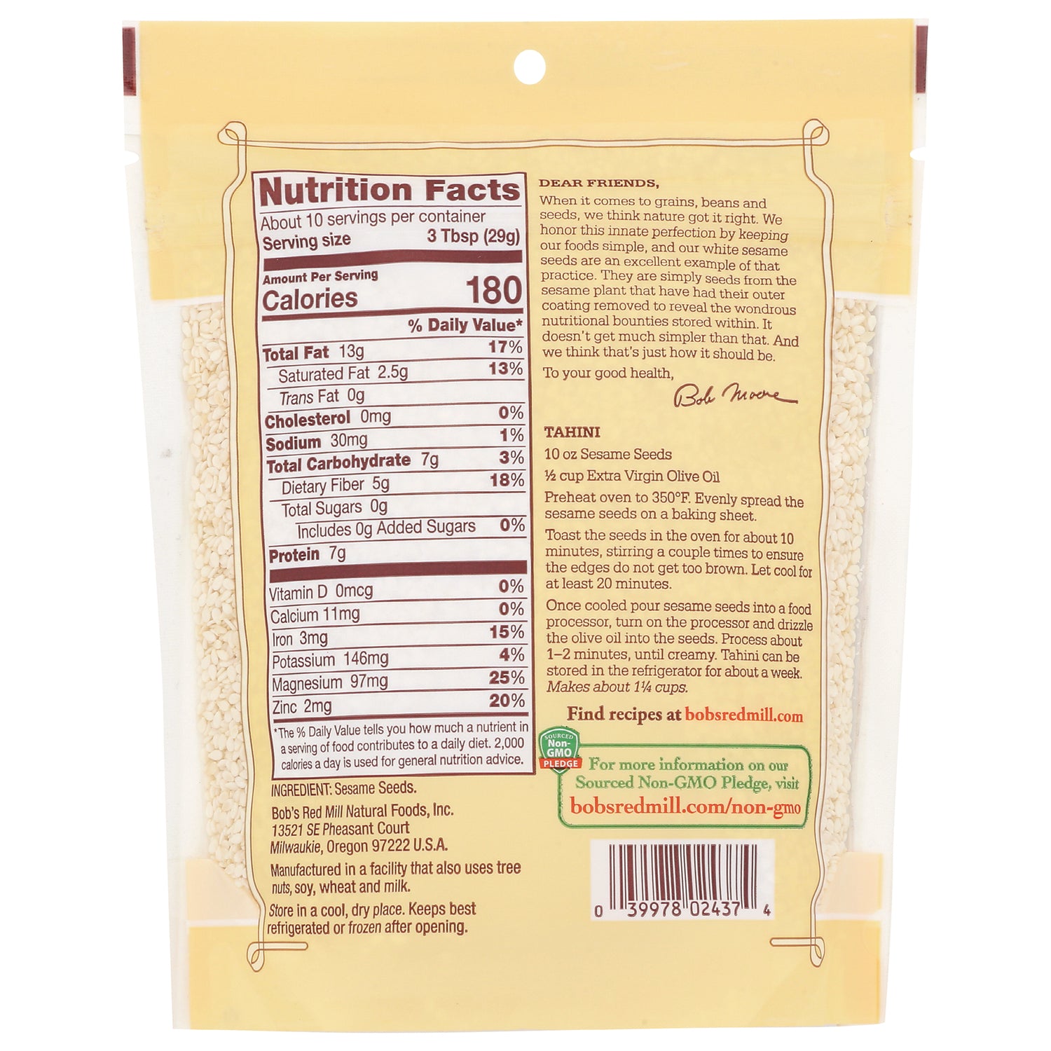 BOB263 | Nutrition Facts panel and tahini recipe on back of sesame seeds pouch