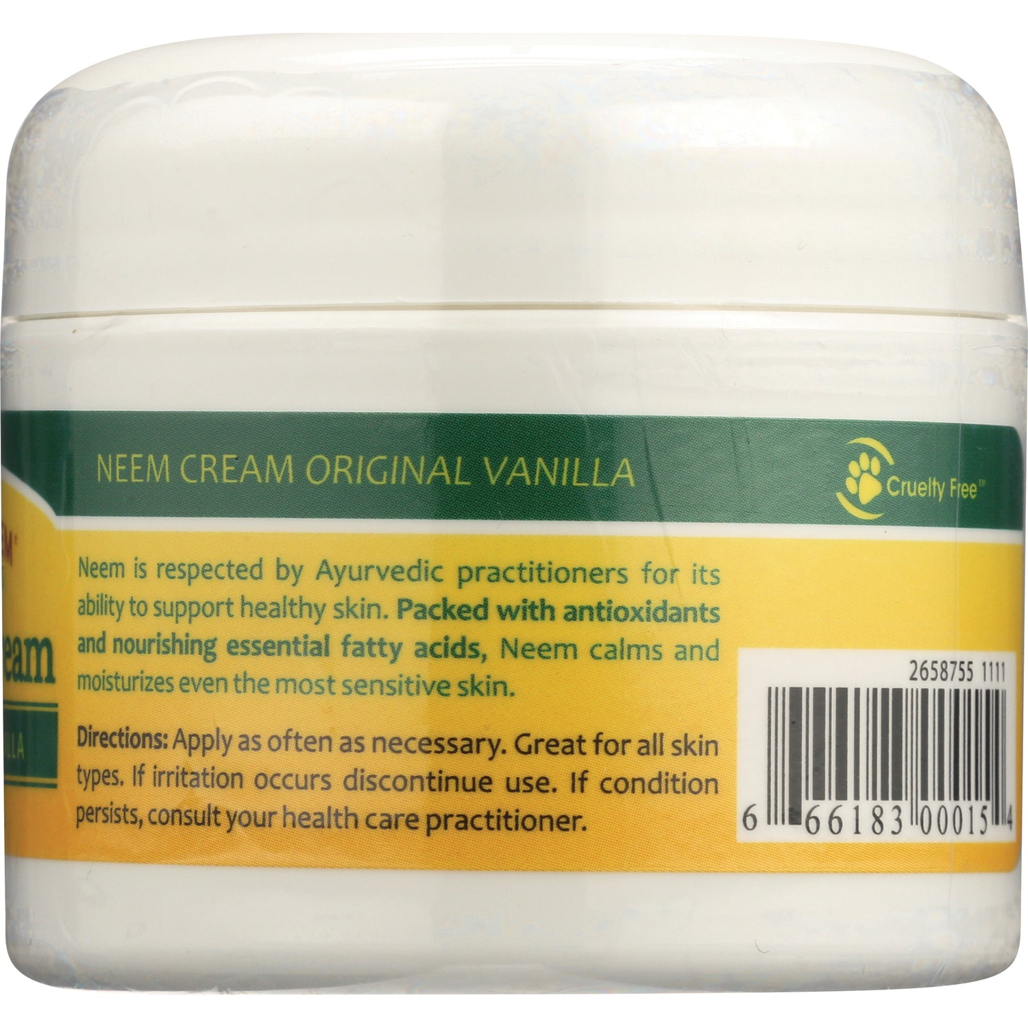 OGX011 | back label of Neem Cream Original Vanilla jar showing directions and barcode