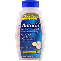 GDS033 | GoodSense Antacid chewable tablets bottle, Calcium Carbonate 500 mg, assorted fruit, 150 count