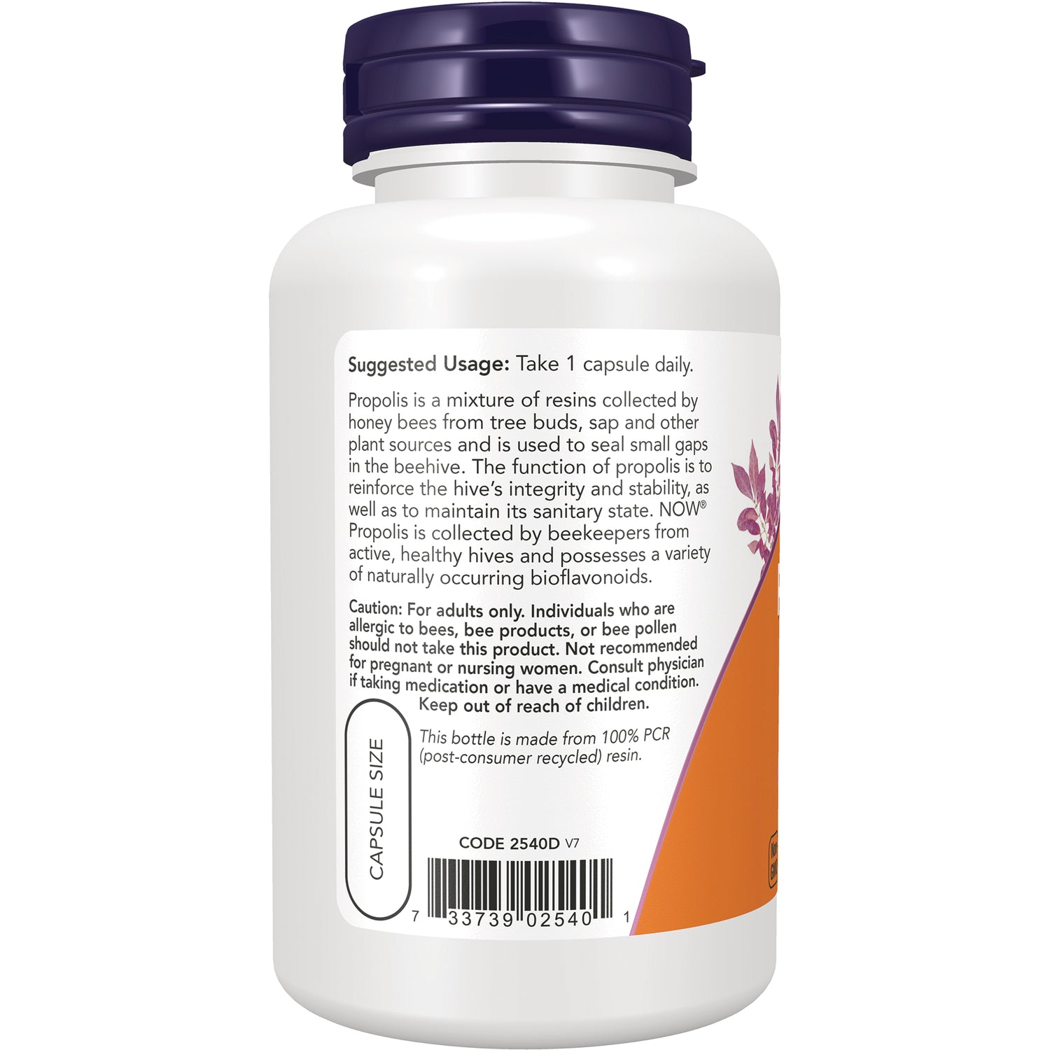 NWF268 | Back label of white supplement bottle showing suggested usage, cautions, and barcode