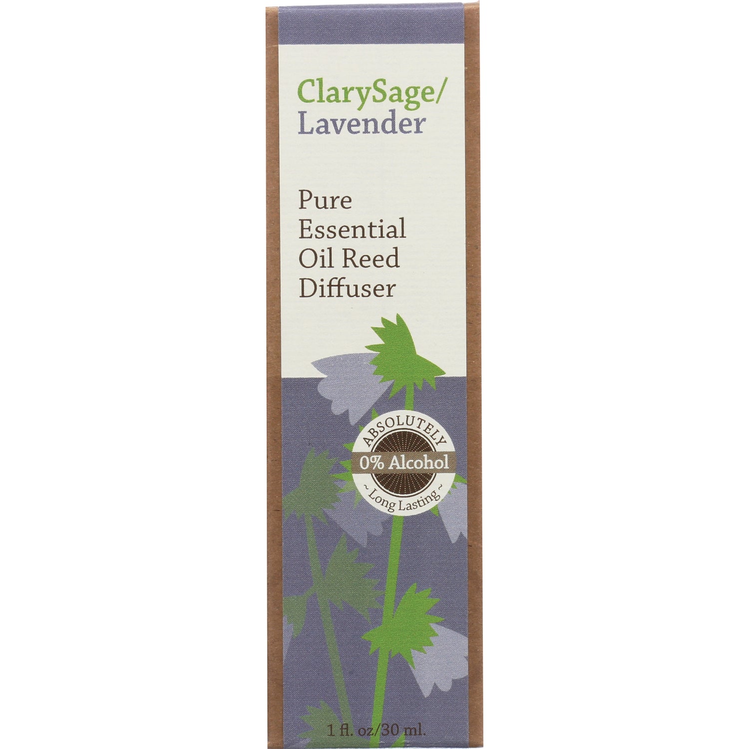 SLN002 | ClarySage/Lavender pure essential oil reed diffuser box labeled 0% Alcohol 1 fl oz/30 ml
