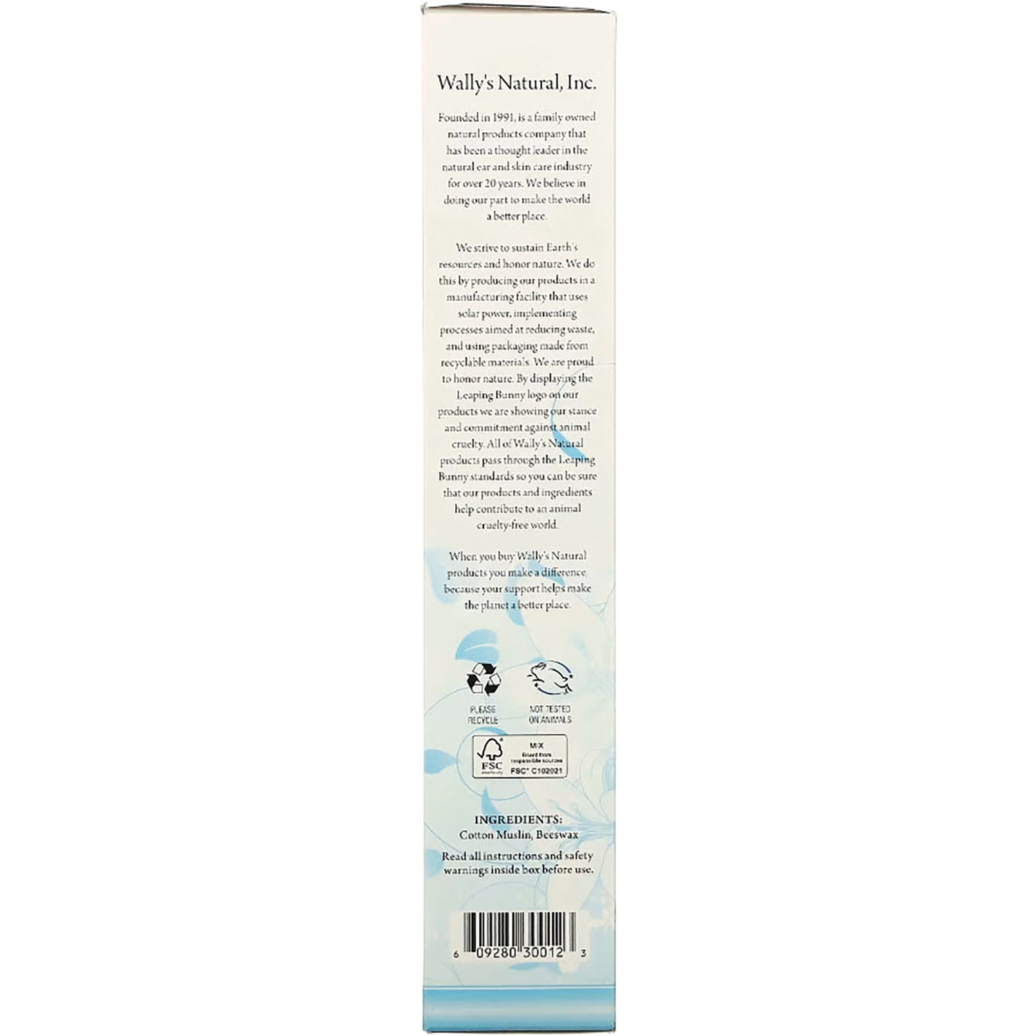 WLY002 | Wally's Natural side panel with story, recycle and cruelty-free icons, barcode, ingredients: Cotton Muslin, Beeswax