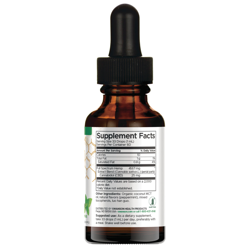 SWU1079 | Swanson Extra Strength CBD Full Spectrum Oil Drops, 25 mg, Mint, 2 fl oz dropper bottle - Thumbnail