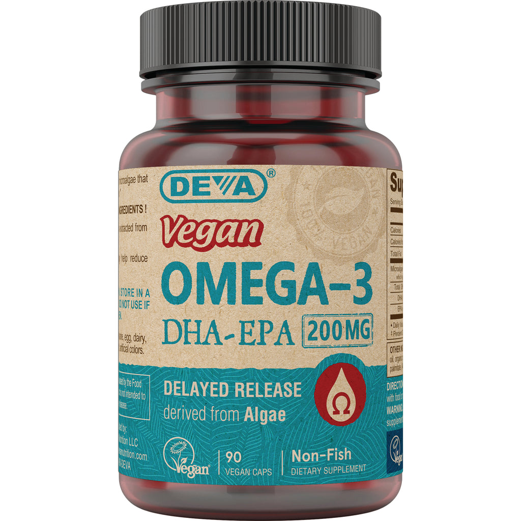 DEV036 | Front view of bottle labeled Vegan OMEGA-3 DHA-EPA 200MG delayed release derived from algae, 90 vegan caps - Thumbnail
