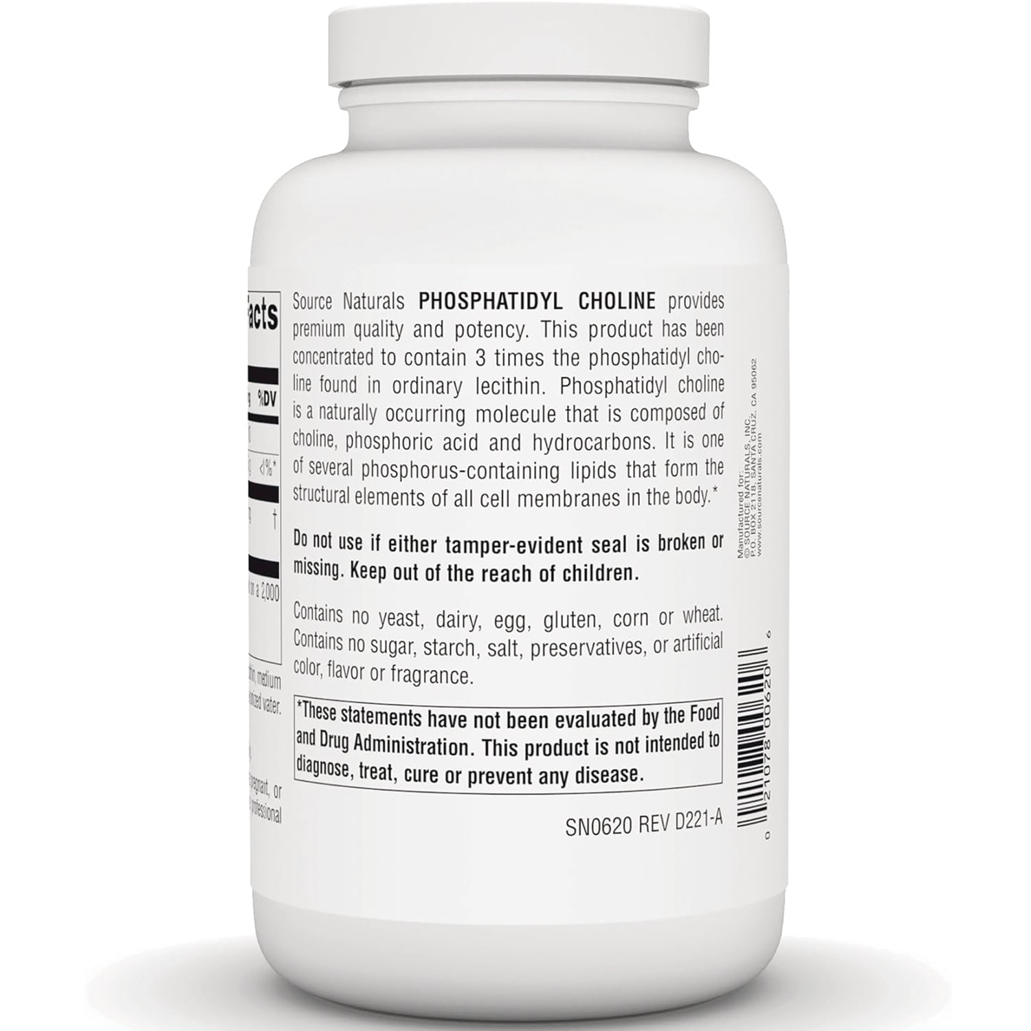 SN797 | Back label for Source Naturals Phosphatidyl Choline supplement bottle