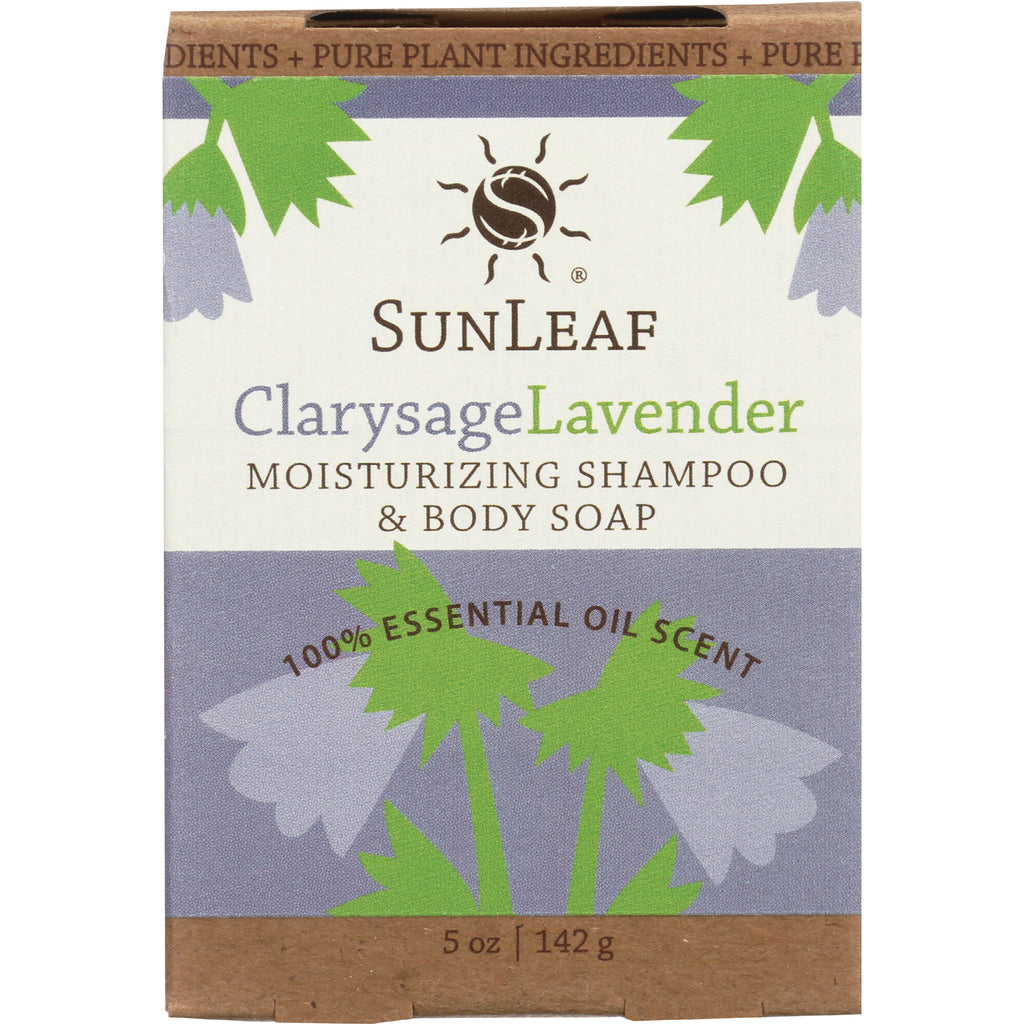 SunLeaf Clarysage Lavender moisturizing shampoo & body soap front packaging showing 5 oz 142 g and 100% essential oil scent - Thumbnail