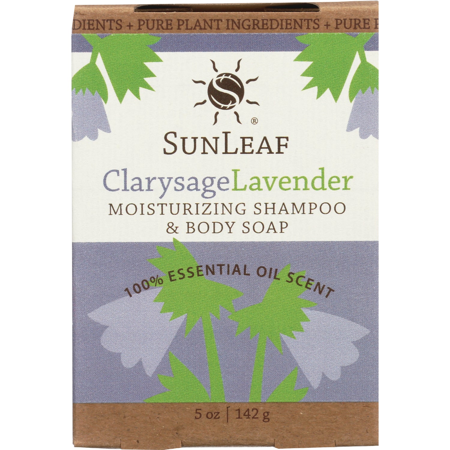 SunLeaf Clarysage Lavender moisturizing shampoo & body soap front packaging showing 5 oz 142 g and 100% essential oil scent