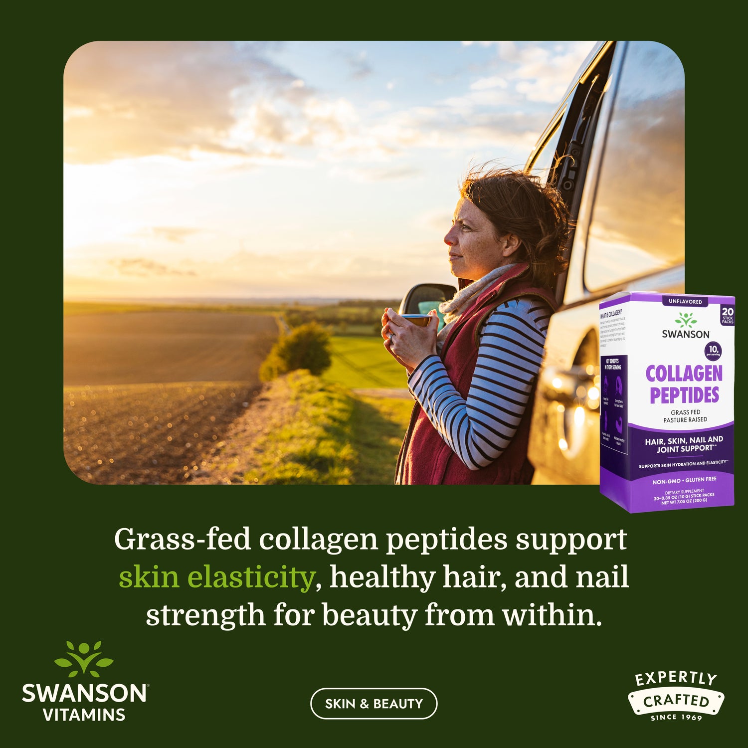 SW1968 | Swanson Collagen Peptides box beside a woman leaning on a vehicle at sunset with skin and beauty text