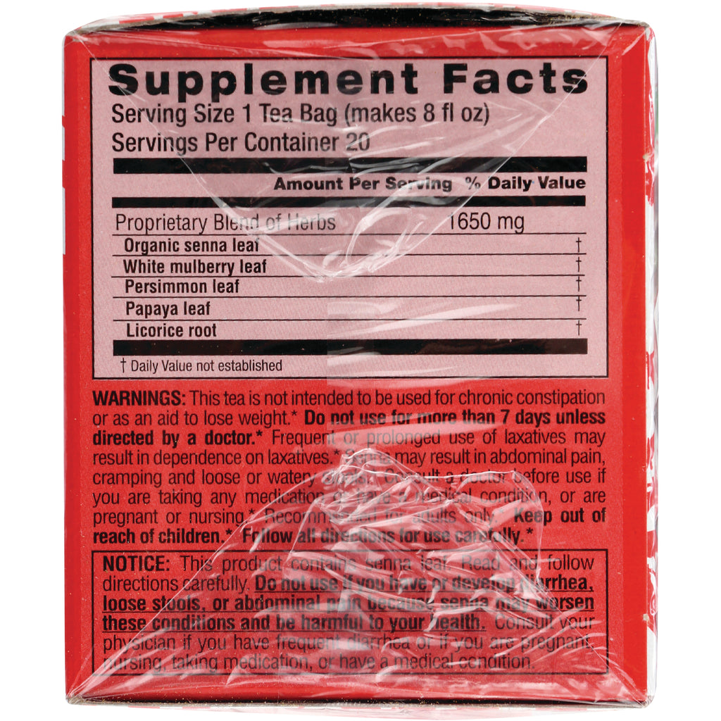TLT008 | Back panel with Supplement Facts: serving size 1 tea bag, 20 servings, 1650 mg proprietary herbal blend and warnings - Thumbnail