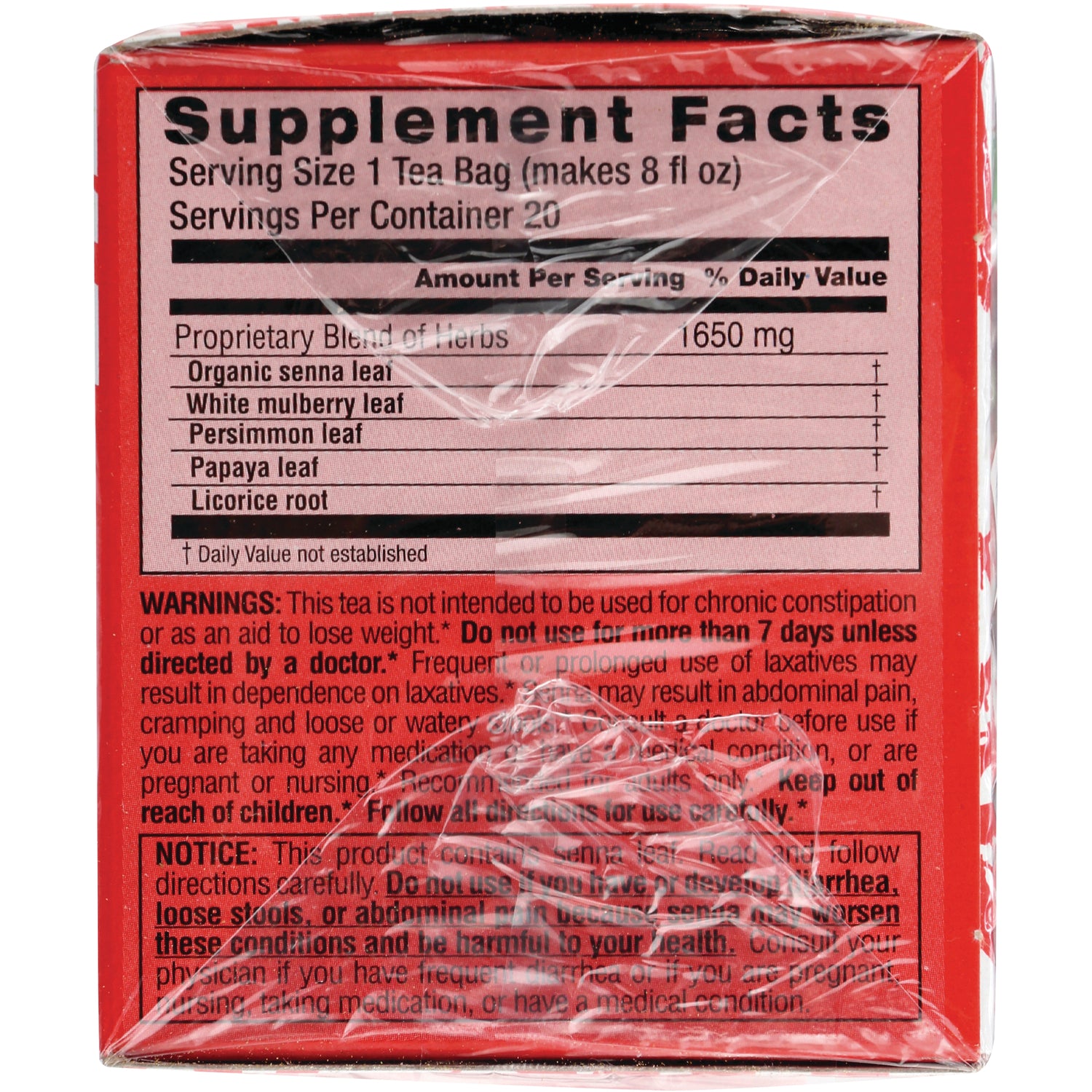TLT008 | Back panel with Supplement Facts: serving size 1 tea bag, 20 servings, 1650 mg proprietary herbal blend and warnings