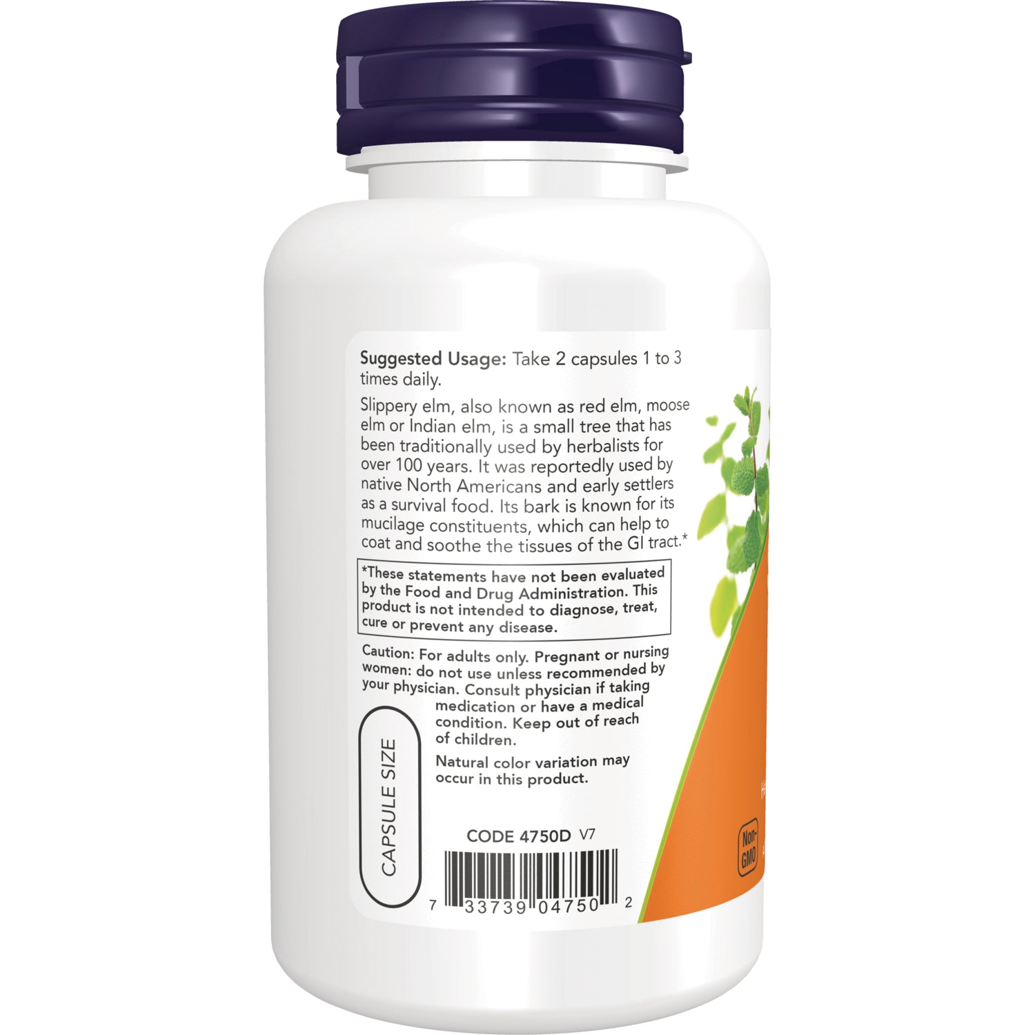 NWF273 | Back of white supplement bottle showing suggested usage, caution, barcode, capsule size label and plant graphic