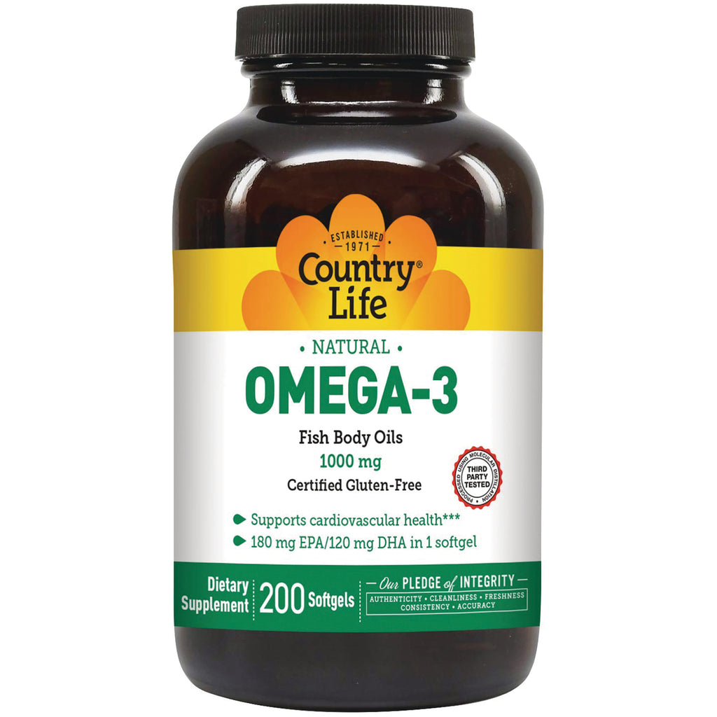 CRL234 | Country Life Natural OMEGA-3 1000 mg fish body oils bottle, 200 softgels - Thumbnail