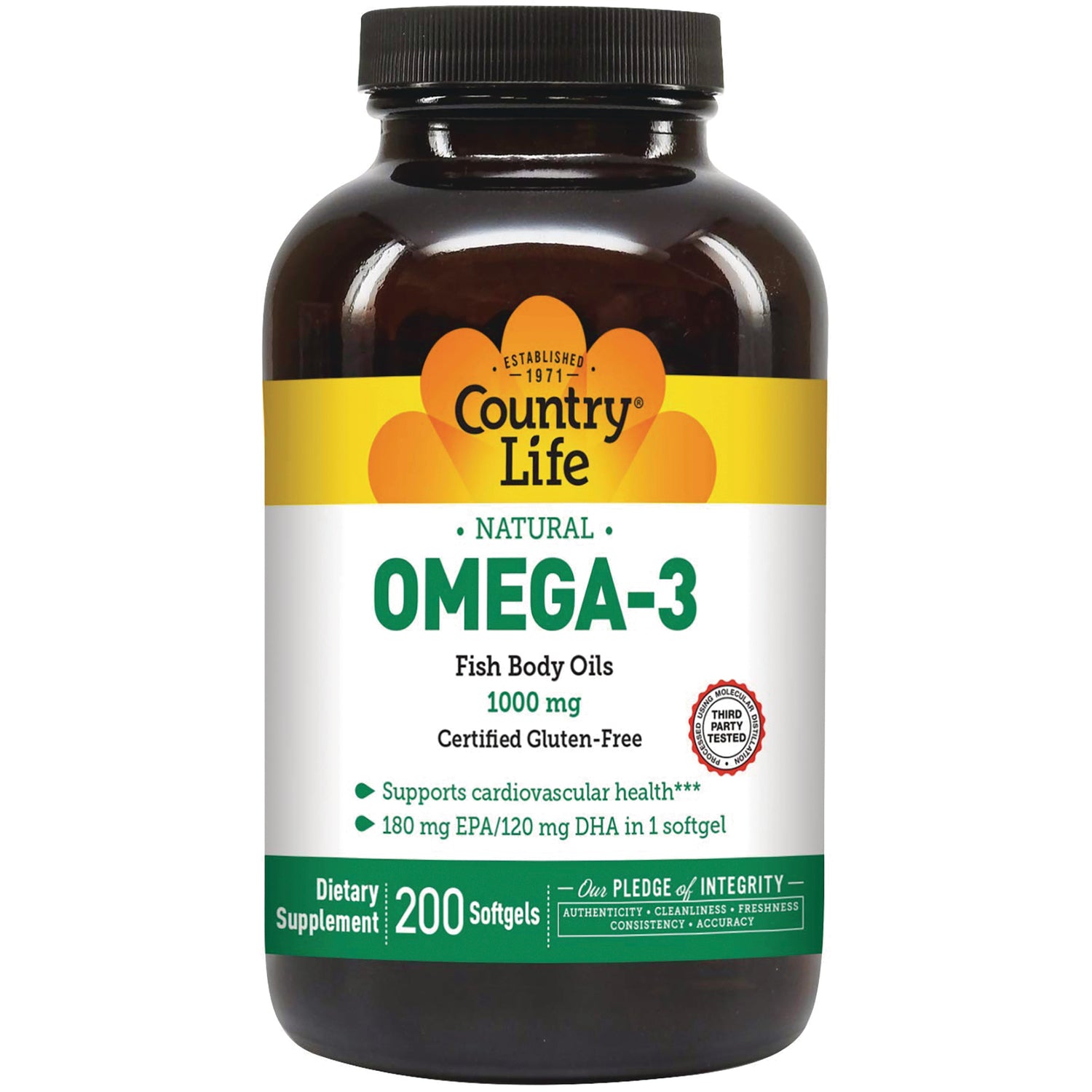 CRL234 | Country Life Natural OMEGA-3 1000 mg fish body oils bottle, 200 softgels