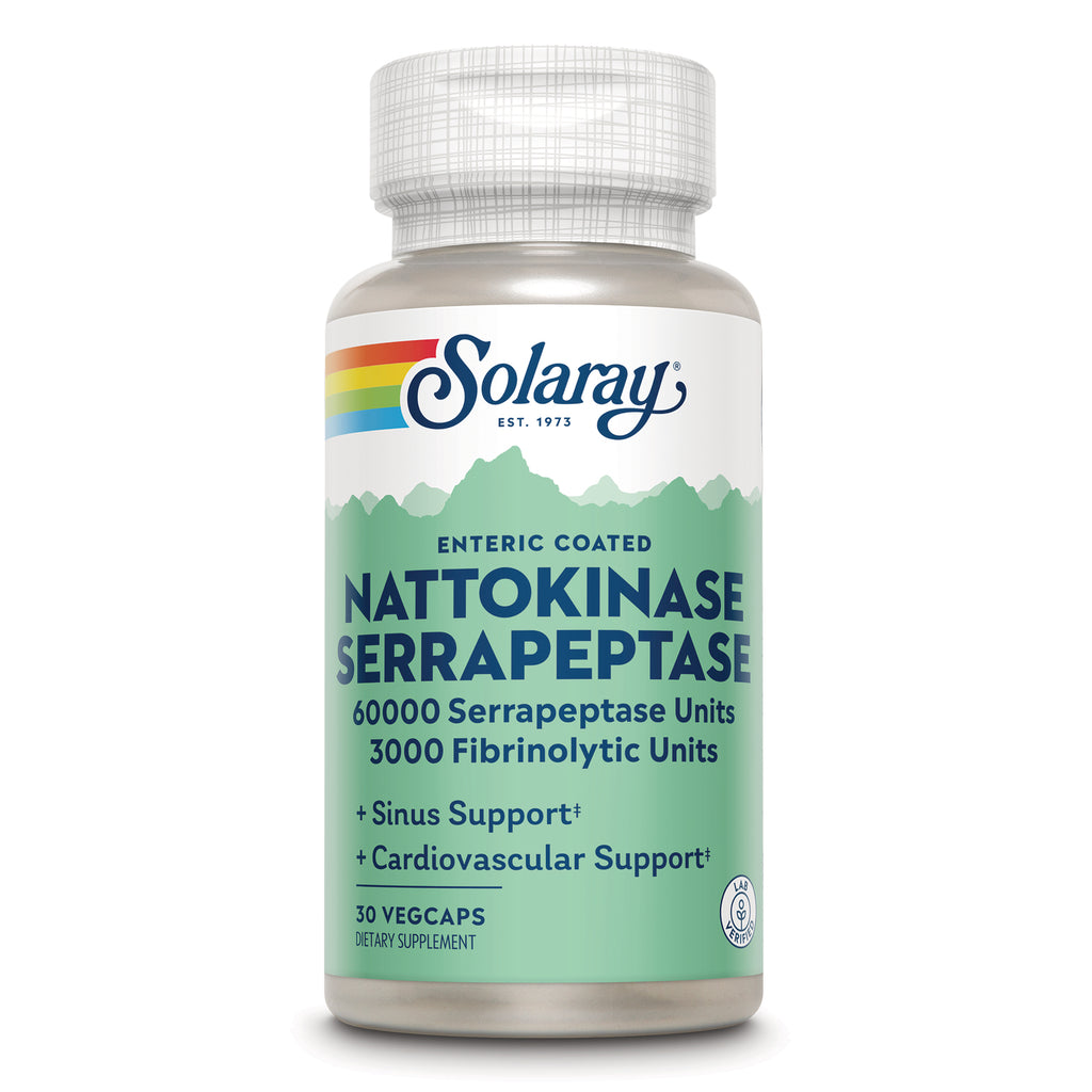 SLR455 | Solaray Nattokinase Serrapeptase supplement bottle front label, enteric coated, 30 vegcaps - Thumbnail