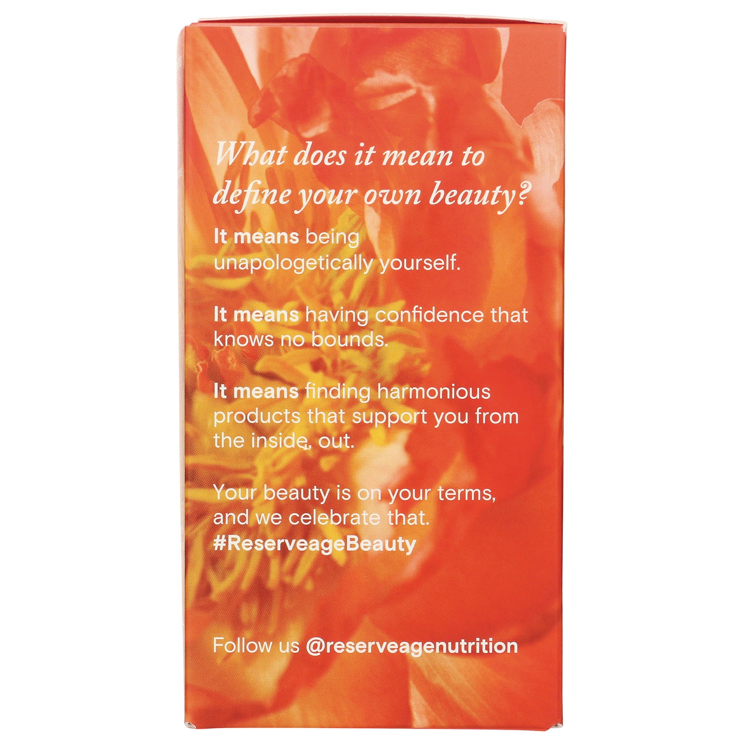 RSA026 | orange floral product infographic with white text about defining your own beauty, #ReserveageBeauty and @reserveagenutrition