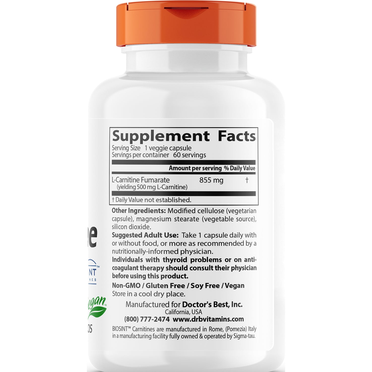 Back label showing Supplement Facts panel for L-Carnitine Fumarate 855 mg, other ingredients, suggested use, and manufacturer info