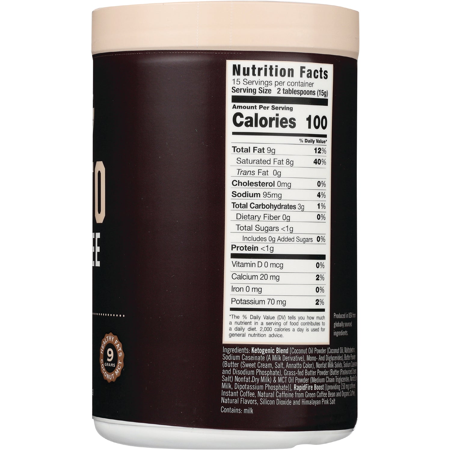 RPF002 | back label showing Nutrition Facts panel and ingredients list on brown canister